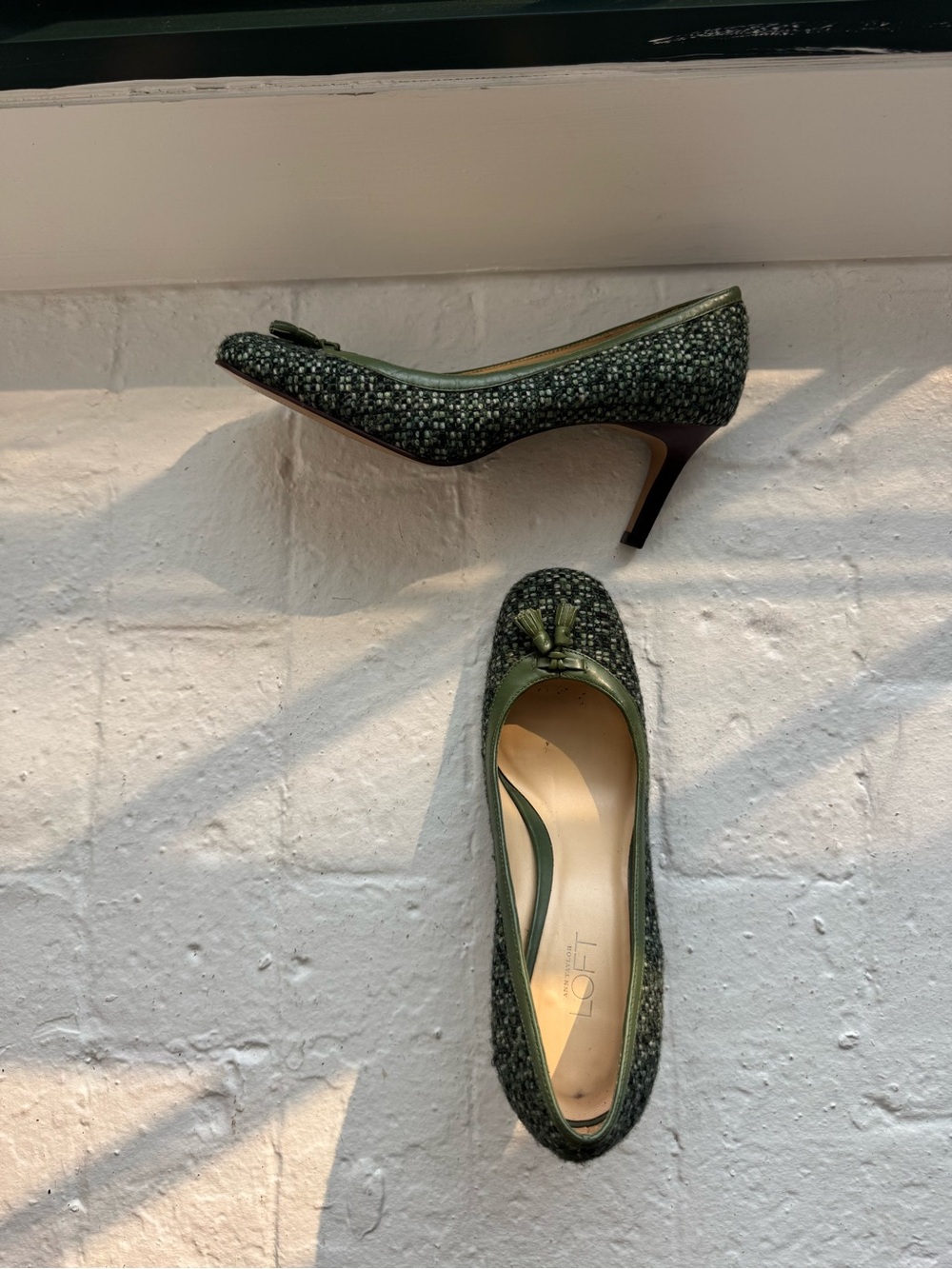 Green Tweed Mid-Heel Pumps with Tassel Accent - Picture 2 of 7